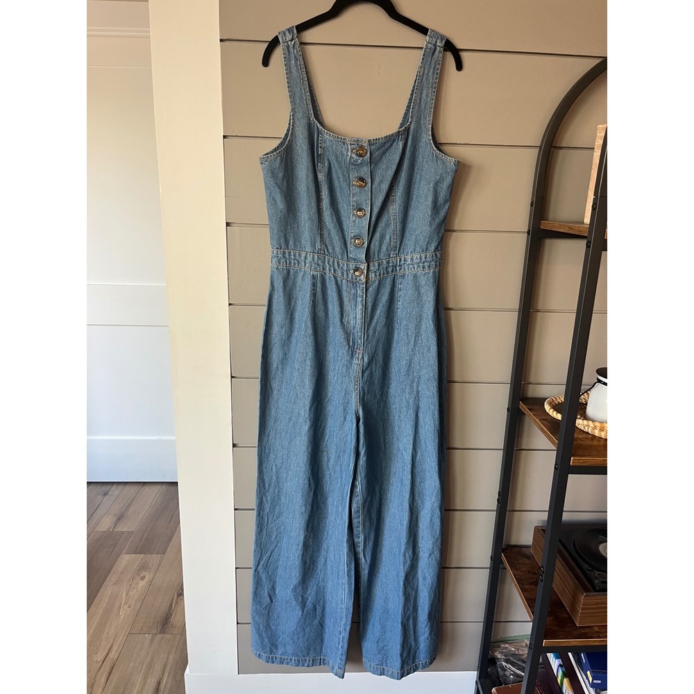 Sincerely‎ Jules Blue Denim Button Front Wide Leg Jumpsuit Womens Large Retro